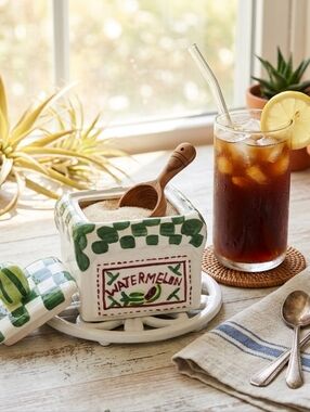 Vintage Ceramic Watermelon Sugar Bowl with Green Checkered Lid LAST CHANCE